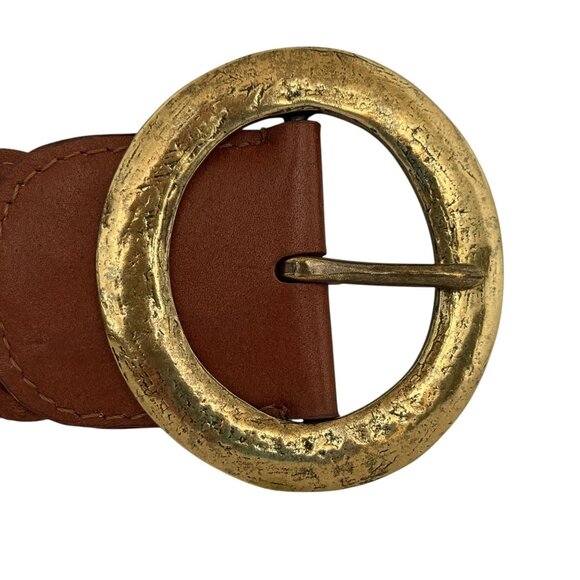 Chico's Macarthy Brown Woven Leather Belt Oversized Brass Buckle 45" Adjustable - Picture 3 of 11
